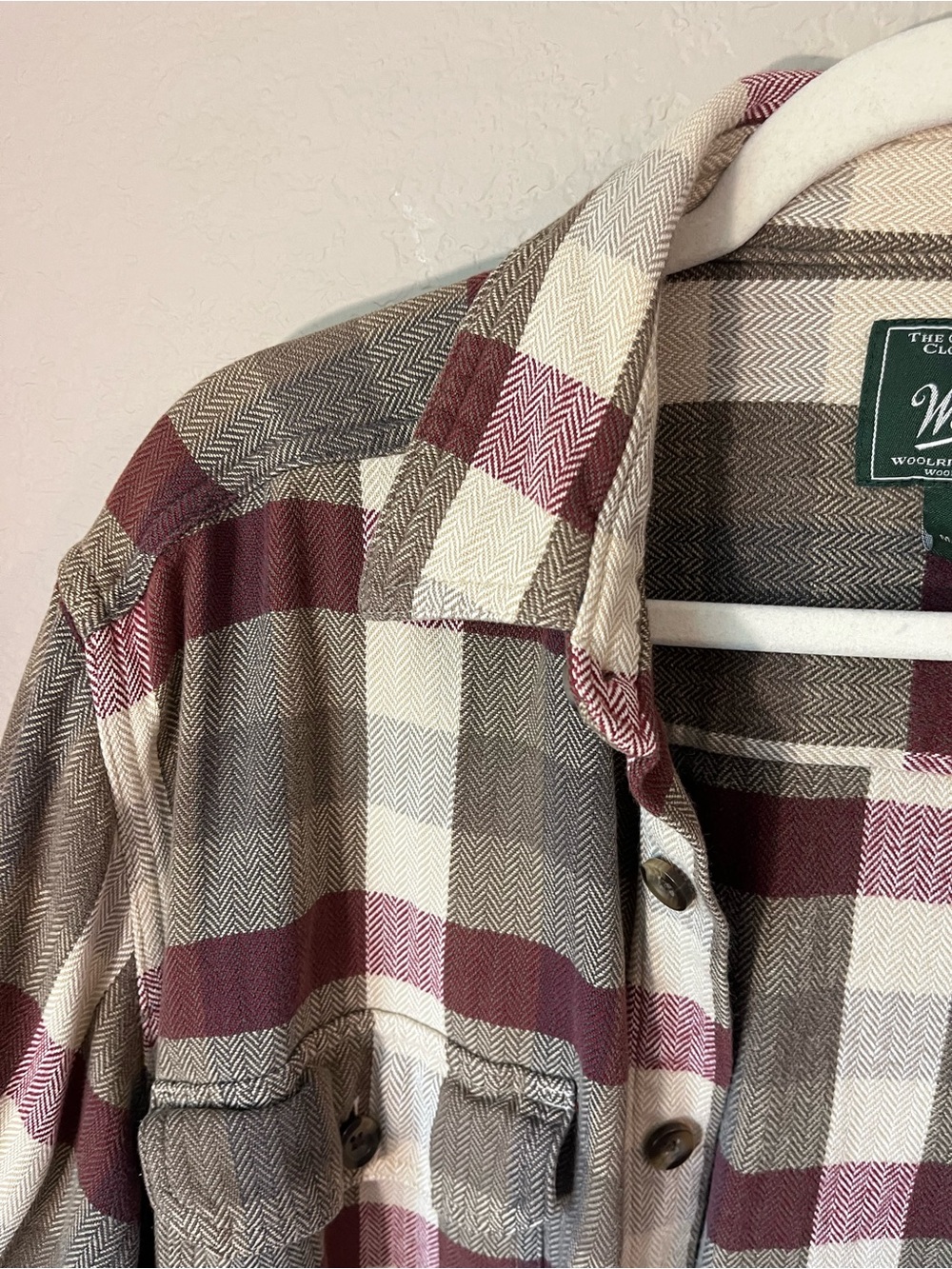 Woolrich Mens M Herringbone Plaid Flannel Shirt Burgundy Gray Heritage Outdoor - Picture 11 of 11